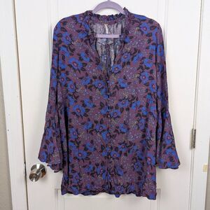 Free People | Purple Floral Bell Sleeve Tunic Blouse Size Small